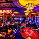 MM88 casino scene showcasing players at roulette and blackjack tables, vibrant atmosphere.