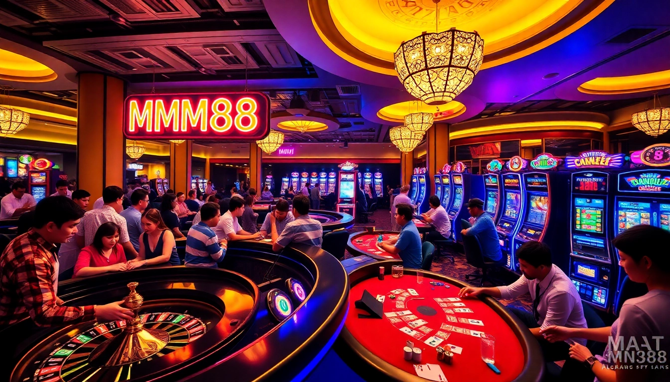 MM88 casino scene showcasing players at roulette and blackjack tables, vibrant atmosphere.