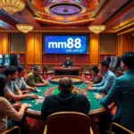 Exciting poker players celebrate their wins at mm88pro.cn.com casino table with vibrant slot machines in the background.