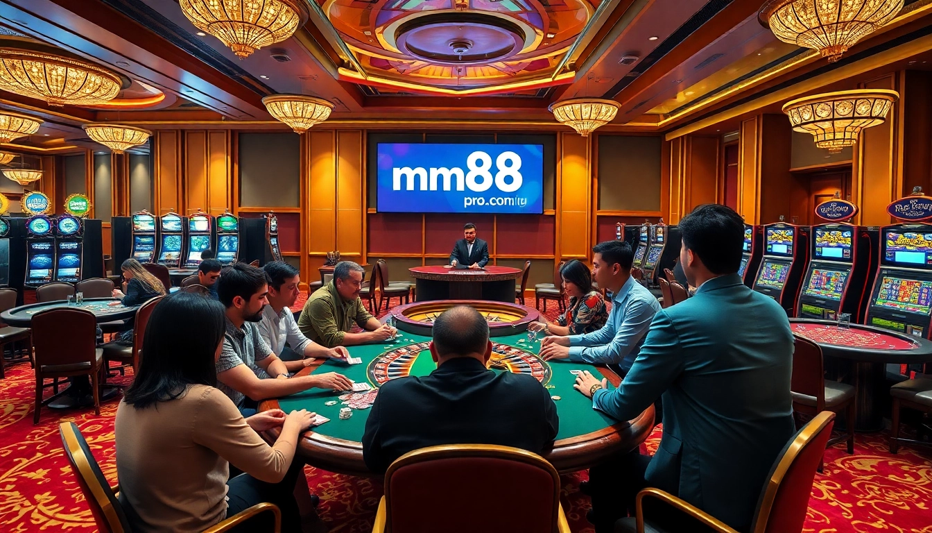 Exciting poker players celebrate their wins at mm88pro.cn.com casino table with vibrant slot machines in the background.