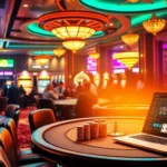 Experience the excitement of trang chủ F8bet at a bustling casino, with players engaging at poker tables and vibrant slot machines.