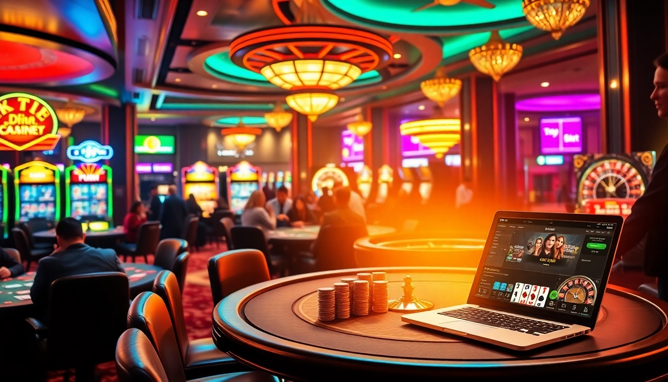 Experience the excitement of trang chủ F8bet at a bustling casino, with players engaging at poker tables and vibrant slot machines.