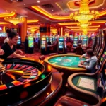 Experience the thrilling atmosphere of a casino as players engage at the trang chủ F8bet gaming tables, featuring roulette and poker.
