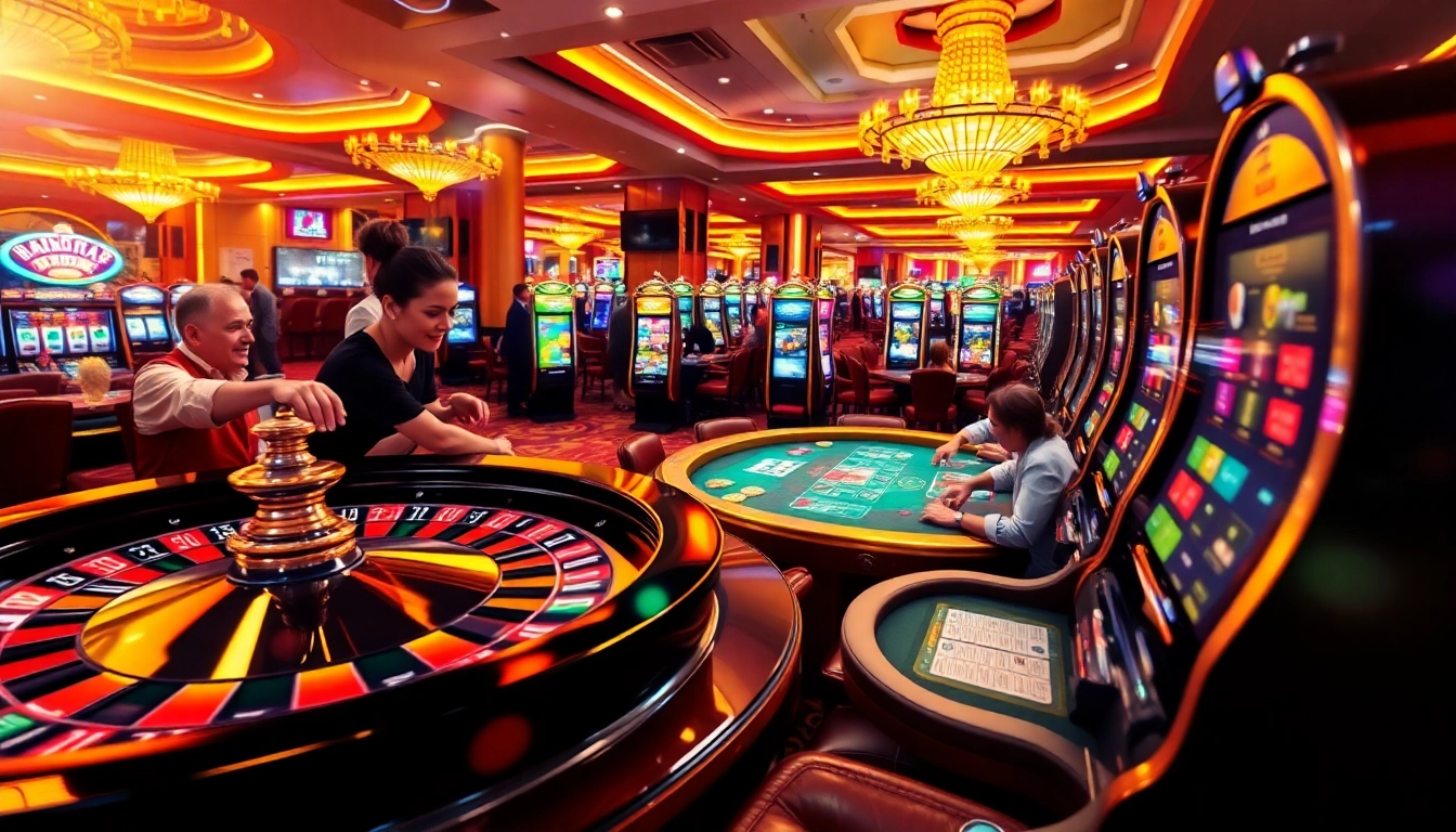Experience the thrilling atmosphere of a casino as players engage at the trang chủ F8bet gaming tables, featuring roulette and poker.